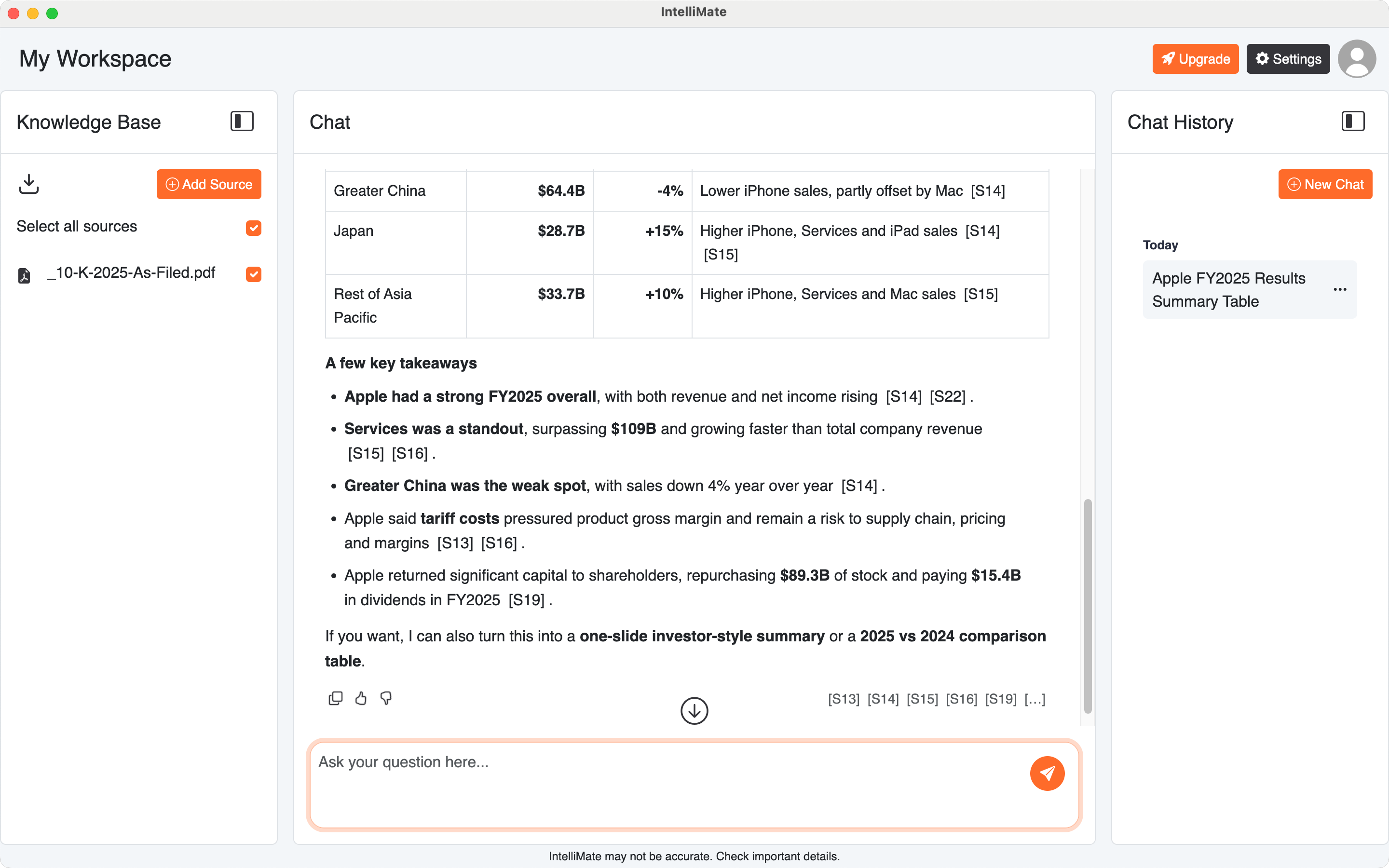 IntelliMate AI response with source references and feedback actions